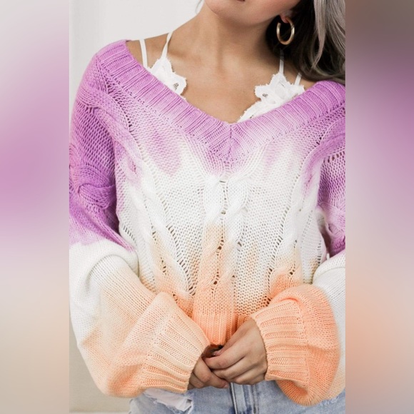 Lilac Orange Colorful Off the Shoulder Cable Knit Sweater - Picture 2 of 6